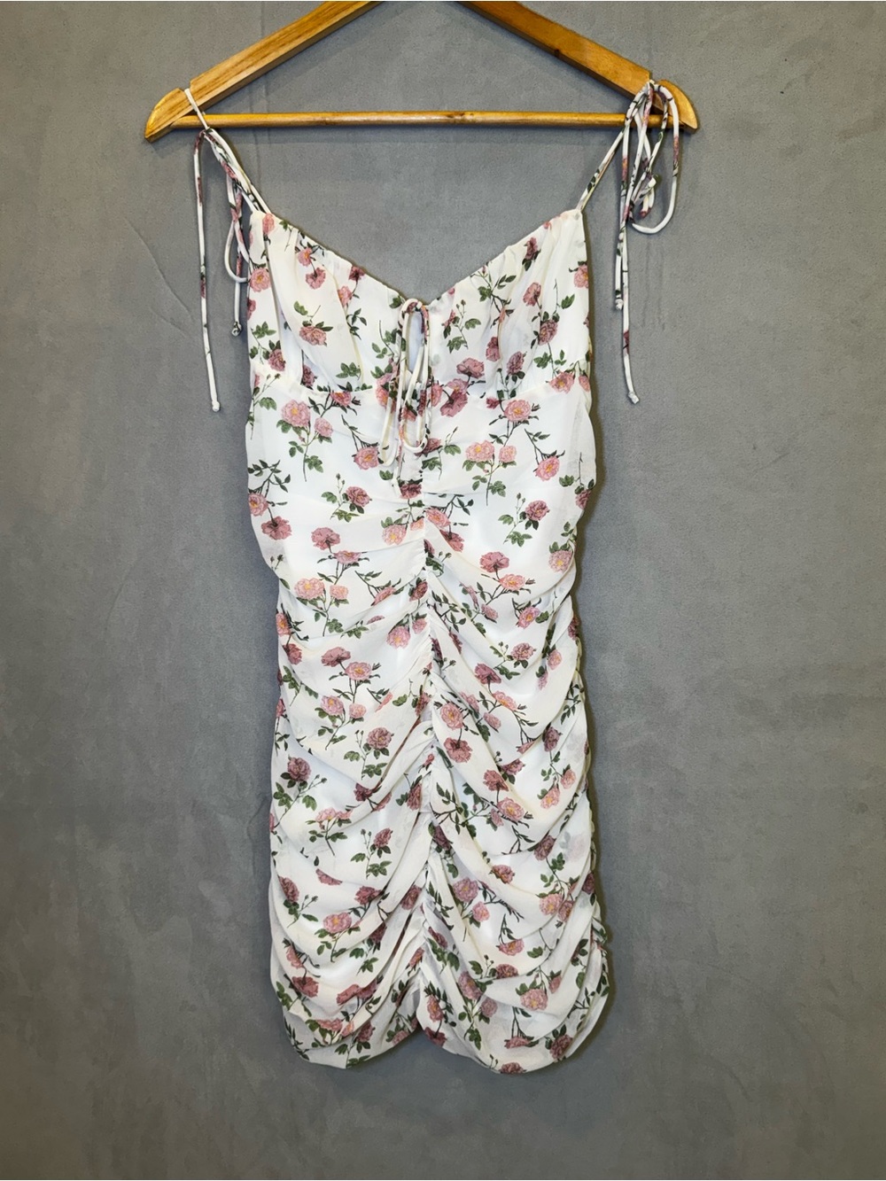 Cotton Candy LA Floral Ruched Mini Dress Small White Pink Rose Tie Strap Y2K